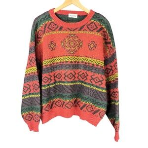Vintage Enzo Lorenzo Alpaca Blend Rust Green Nordic Tribal Sweater Est Size M/L